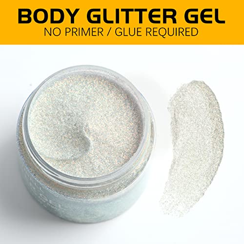 Latibell Silver Body Face Glitter Gel, Glow In The Uv Black Light Glitter Gel Makeup, Uv Body Glitter For Women, Fine Glitter Mixed With Gel For Body, Face And Hair Rave Accessories- 2.4 Oz (Silver) #TOP3