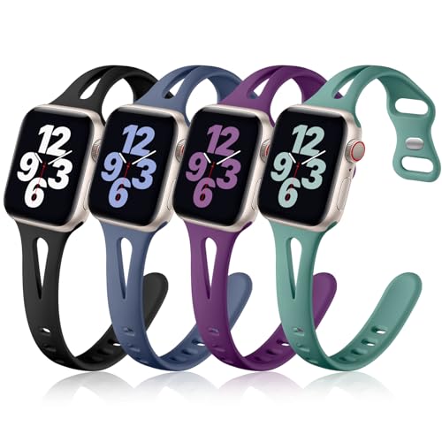 Image of Getino Band Compatible with Apple Watch 40mm 38mm 41mm 42mm Women, Soft Silicone Stylish Breathable Slim Sport Bands for iWatch SE Series 11 10 9 8 7 6 5 4 3 2 1, Blue Gray /Cyprus Green /Purple /Black