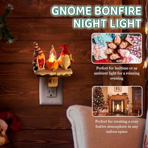 Image of Gnome Campfire Flickering Nightlight, Halloween Night Light Plug Into Wall with Switch, Christmas Gnome LED Lamp for Hallway Stair Bedroom Xmas Decor
