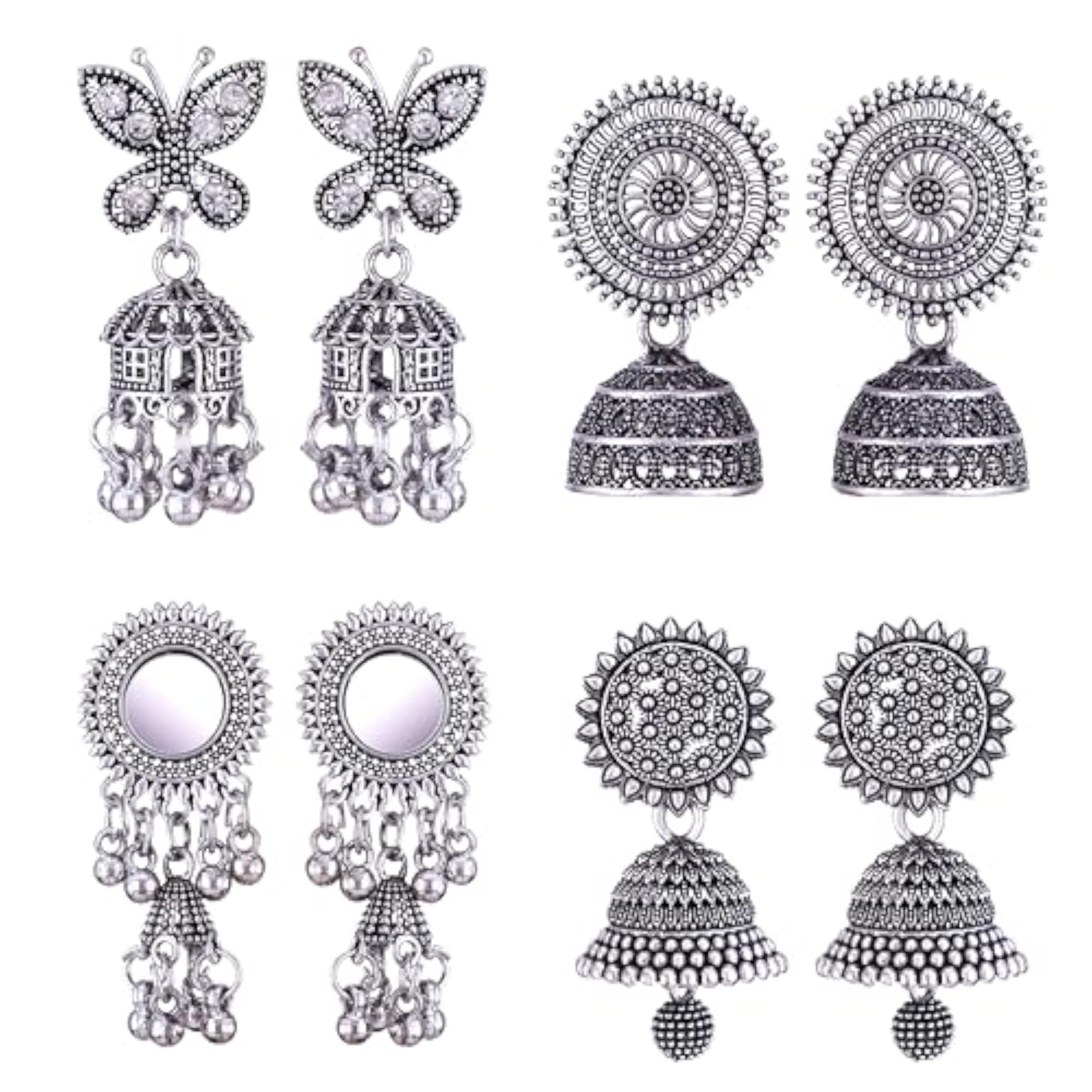 Women's Oxidised Silver Jhumka Earrings with Pearl & Peacock Motif