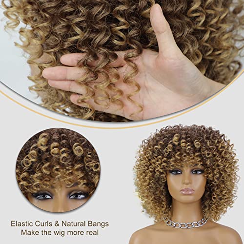 Aisi Queens Afro Wigs For Black Women Short Kinky Curly Full Wigs Brown Mixed Blonde Synthetic Heat Resistant Wigs For African Women With Wig Cap #TOP5