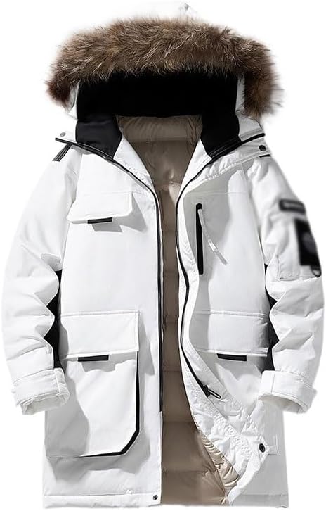 Men's Seasonal Collar Workwear Down Jacket Hooded Mid Length Thick Warm Coat