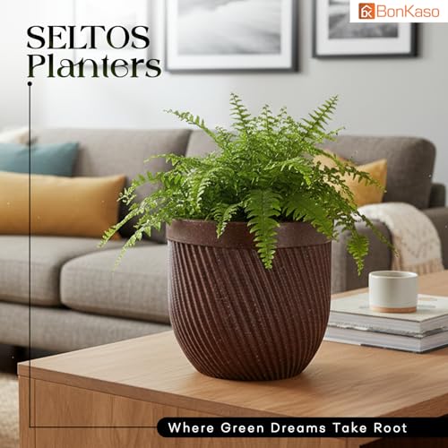 Image of Bonkaso 12 Inch Seltos Ribbed Planter for Indoor & Outdoor Use | Round Heavy Duty Polymer Flower Pot | Lightweight Weather Resistant Modern Gamla for Living Room Balcony & Terrace (Brown)