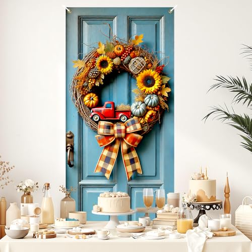 Image of Fall Red Truck Door Cover 35x71in Grapevine Sunflower
