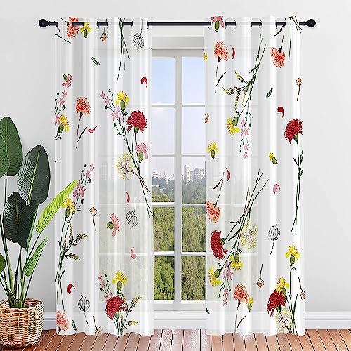 Hiseng Lot de 2 Rideaux Voilage à Oeillets, Motif Floral 3D Semi-Transparent Voile Décoration de Fenêtre Salle de Bain Balcon Chambre Salon Cuisine, Tulle 2...