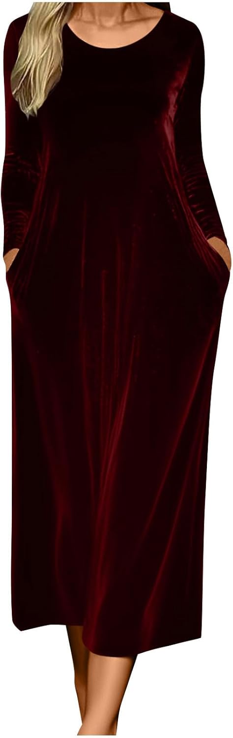 Women's Velvet Midi Dress Casual Round Neck Long Sleeve Wedding Guest Dresses Solid Color Party Clothes with Pocket