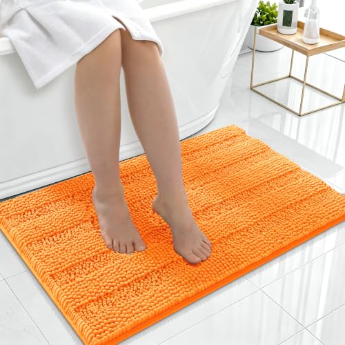 Image of Smiry Thick Chenille Bathroom Rugs 36x24, Extra Soft Absorbent Striped Bath Mat, Machine Washable, Rubber Backing, Bath Rugs for Bathroom, Tub & Shower, Modern Home Decor Accessories, Orange