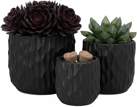 Round Ceramic Pot with Scooped Design Body Outdoor/Indoor Medium Ceramic Decorative Planter for Garden Patio Balcony Home Black 7.50"x7.50"x6.50"H; 5.50"x5.50"x5.50"H; 4.50"x4.50"x4.50"H