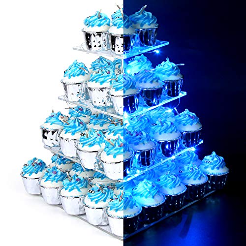 Vdomus Cupcake Holder 4 Tier Acrylic Cupcake Stand Display Stand with Blue LED String Lights Dssert Stand Tower for Birthday/Wedding/ Babyshower Party. Blue - Thumbnail 7