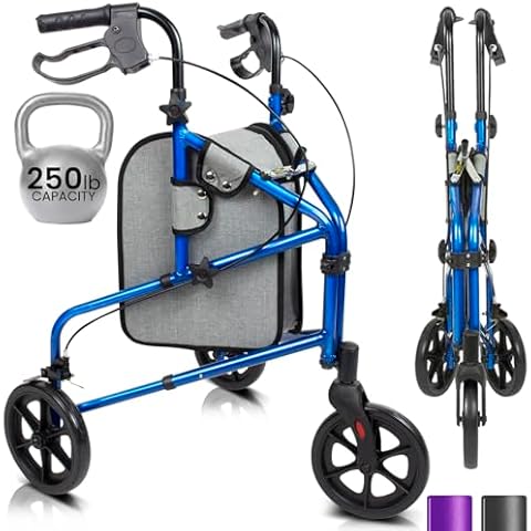 Vive Mobility 3 Wheel Walker - Three Wheeled Rollator for Seniors - Lightweight, Foldable, Narrow, Heavy Duty - for Elderly Men Women - Folding 3-Wheel Tri Scooter with Basket Bag (FSA HSA Approved) Cover