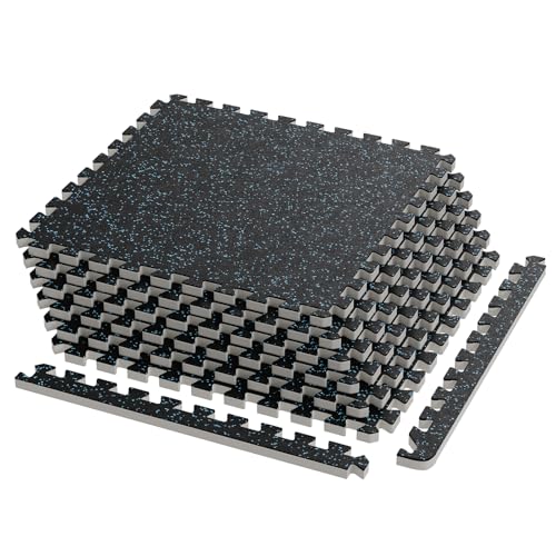 0.79\" Gym Flooring,6 Pcs 24 Sq Ft Rubber Top Floor Tiles for Home Gym High Density EVA Foam Gym Mat with Rubber Top Interlocking Exercise Equipment Matt for Garage/Fitness Room-Black+Blue