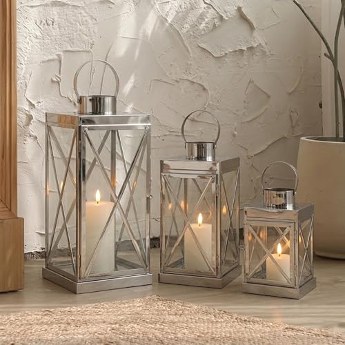 Image of TRIROCKS Silver Stainless Steel Lantern Set of 3-Square Elegance 8 /12 /16 Inch Opulent Metal Candle Lanterns Candle Holder with Tempered Glass for Christmas Home Garden Indoor Outdoor Decor Celebratory