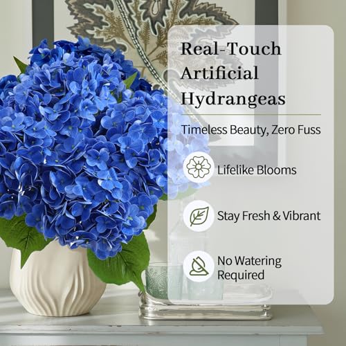 NINTYNINE Hydrangea Artificial Flowers, 4Pcs Real Touch Faux Hydrangea with Long Stem and Leaves, Lifelike Fake Flowers for Outdoor Planters Garden Porch Yard Home Decor, Wedding Bouquets, Dark Blue — view 2
