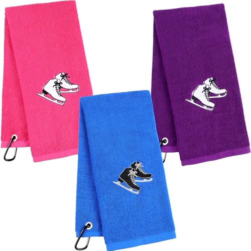 VitalCozy 3 Pcs Ice Skating Towels Funny Christmas Figure Skating Gifts Cotton Absorbent Pink Purple Blue Figure Skate Towels Ice Skate Accessories for Christmas Women Men Sports Team Skates Lovers