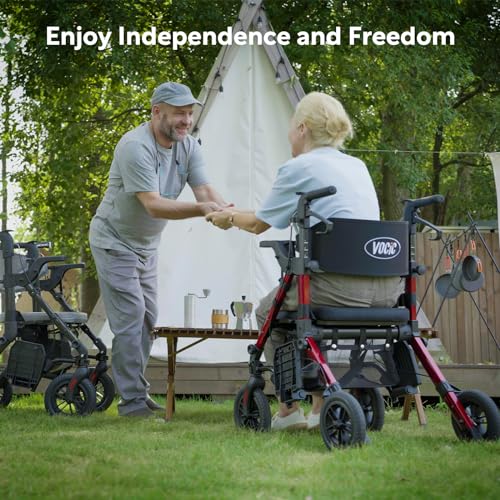 VOCIC 2 in 1 Rollstuhl Rollator Faltbar und Leicht mit Sitz,Outdoor Gummireifen für Allen Gelände,Leicht Rollatoren mit Netztasche,Aluminium Gehhilfer Transport-Stuhl,Obsidianschwarz (5 Jahre Support)