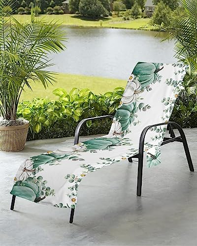 Pumpkins Daisy Beach Chair Towel Covers for Chaise Lounge with Side Pocket, Soft Plush Pool Towels Cover for Patio Sunbathing Outdoor 29''x85'' Green White Eucalyptus Leaves Flower Watercolor