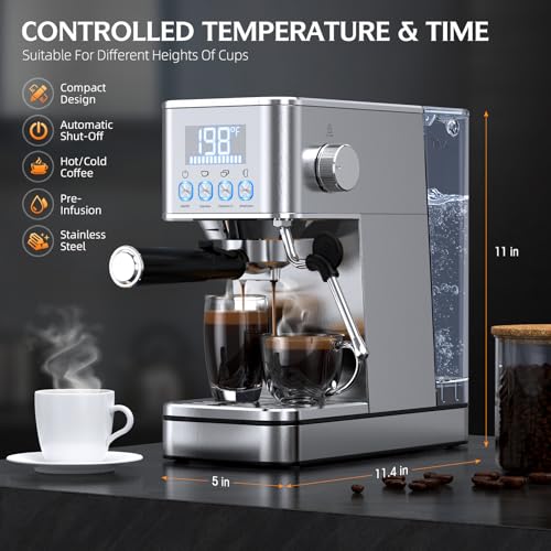Espresso Machine, 20Bar Compact Stainless Espresso Maker, With Milk Frother Steam Wand, 57.5OZ Removable Water Tank, Displays Making Time & Water Temperature, Cold Brew & Cappuccino, Silver - Image 4