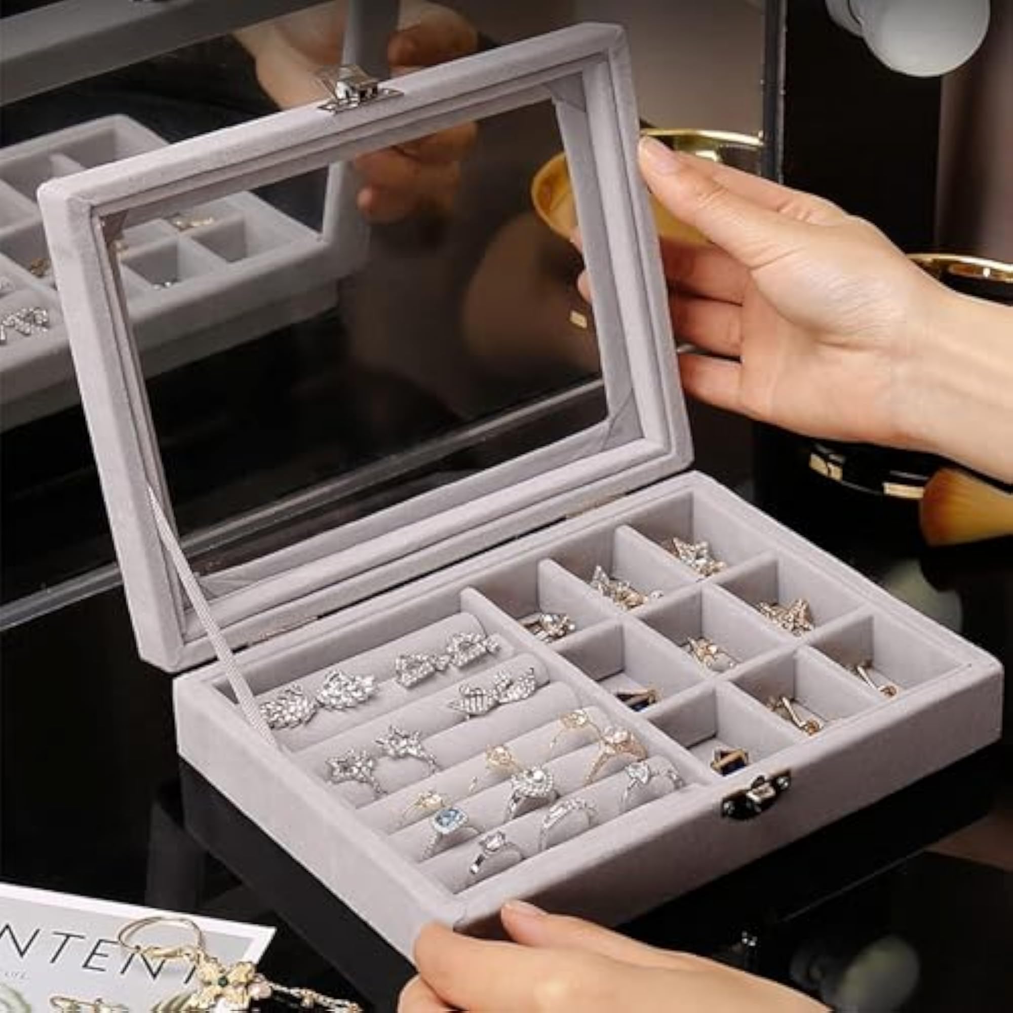 Transparent Velvet Cufflink and Ring Storage Case, Lockable