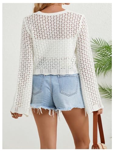 Image of Verdusa Women's Tie Front Crop Cardigan Bell Long Sleeve Scalloped Lightweight Knit Tops Summer Beach Cover Up Cream White X-Large