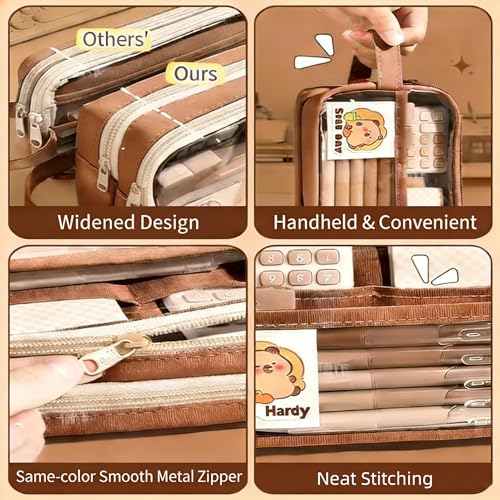 Image of Kawaii Capybara Pencil Case Kit with Plush +Notepad+Pendant+Stickers+Binder clips+Diary Clip+Pens, 5-Layer Large Capacity Capybara Stationery Set Gifts for Office, Makeup. (Brown)