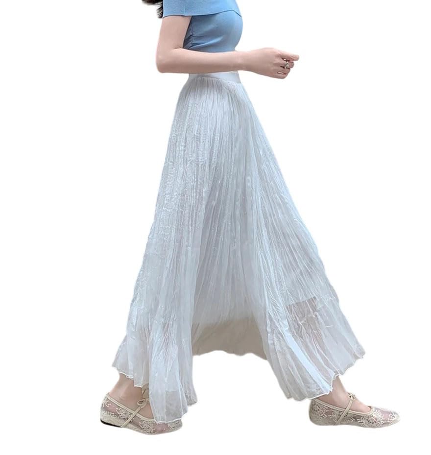 Pulcykp Women Pleated Chiffon High Waist A-Line Skirts Summer Thin Beach Big Swing Solid Umbrella Skirt4