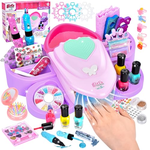 Herenear Set Manicura Niñas, Esmalte de Uñas Secador de Uñas, Juguetes Kit Uñas Niñas, Pegatinas de Uñas Juego Cumpleaños Regalo para Niños Niñas 5 6 7 8 9 10 11 12 Años