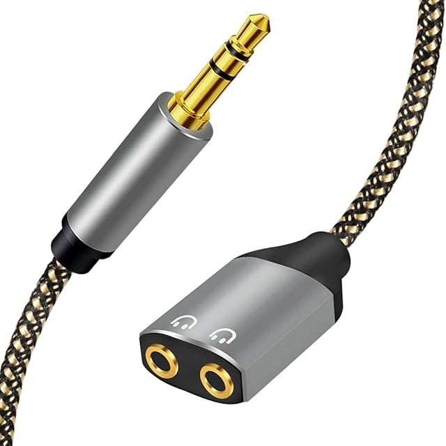 3.5mm Headphone Splitter Adapter, 3.5mm Male TRS to 2 Dual 3.5mm Female Audio Stereo Y Splitter Nylon-Braided Two Way 3.5mm Dual Headphone Jack Adapter for Earphone and Headset 0.3M