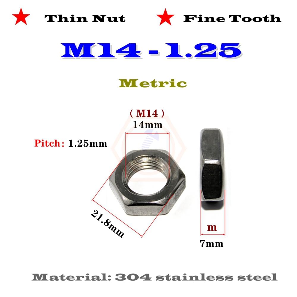 5pcs M14-1.25 (Thickness=7mm) Metric 304 Stainless Steel fine Thread Thin hex Nuts,Fine Tooth Nuts
