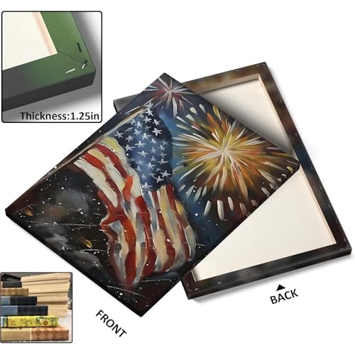 Image of 4 of July Canvas Wall Art, Fireworks and American Flag Painting, Patriotic Night Scene Poster Print, Memorial Day Independence Celebration Framed Artwork for Living Room and Office Decor 24x30inch