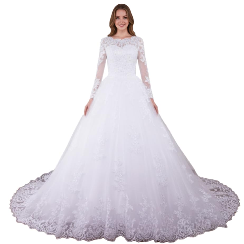 Long Sleeve Round Neck Ball Gown Princess Wedding Dress Lace Beaded Elegant Bridal Gown for Bride BA-OB