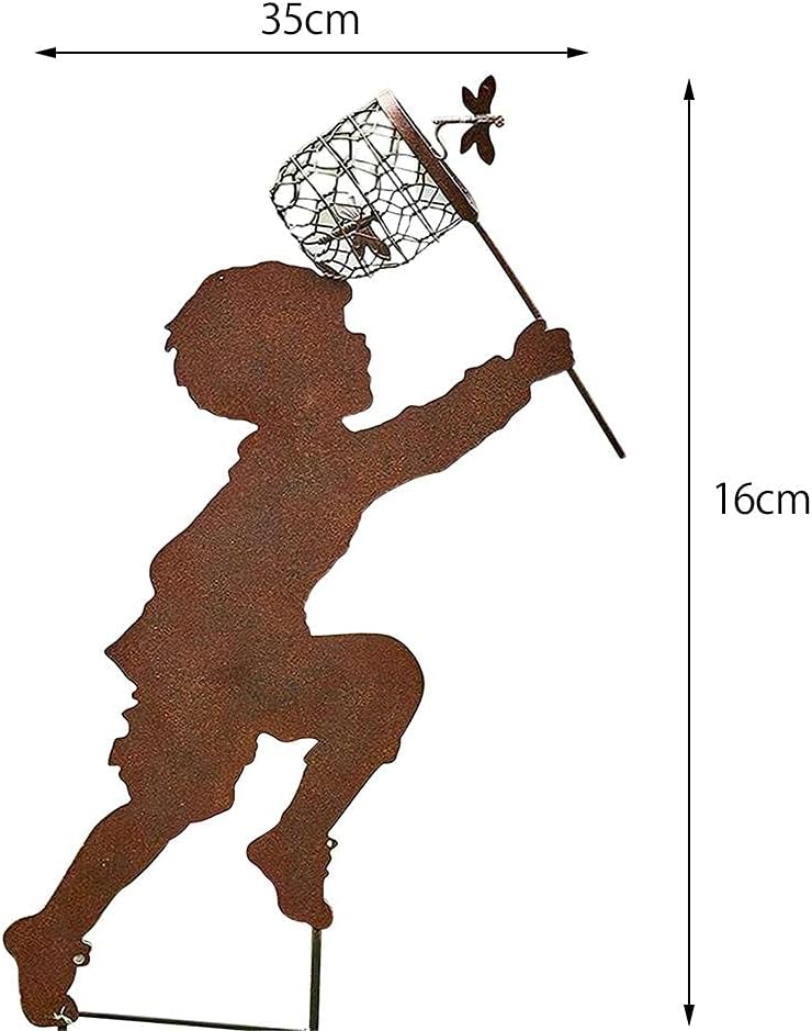 Boy Girl Silhouettes Chasing Butterfly Metal Vintage Garden Silhouette Sculpture Yard Garden Metal Stake Decor