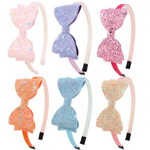 DRESHOW 6 Pack Diademas Con Lazo para Niñas Diadema con Purpurina para Niños Diadema Corazón Estrella para Niños Adolescentes