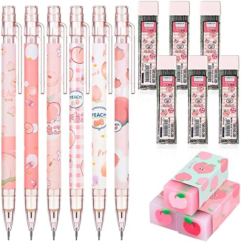 Kawaii Mechanical Pencil Set Include Peach Mechanical Pencils with Tubes 0.5 mm Pencil Refills and Cute Juice Peach Erasers School Supplies for Sketching Architecture Drawing (15 Pcs)