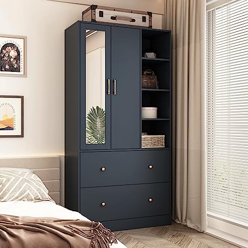 Homsee Wardrobe Armoire Wooden Closet with Mirror, 2 Doors, 2 Drawers, 4 Open Storage Cubes and Hanging Rod for Bedroom, Navy Blue (35.5”L x 15.8”W x 70.8”H) - Thumbnail 2