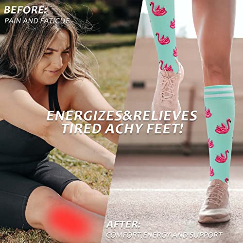 Fenglaoda Compression Socks Women 20-30 Mmhg 6 Pairs,Knee High,Wide Calf,Colorful,Novelty,Fun,Cute,Best Support Stockings For Running,Sports,Travel,Flight,Nurse,Pregnancy #TOP4