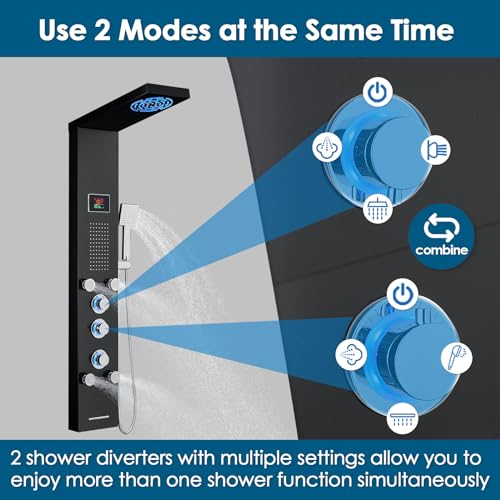 ROVOGO Led Shower Panel Tower System with Mist Rainfall Shower, Body Jets, Handheld and Tub Spout, Hydroelectric Led Lights and Temp Display No Battery Needed, Simultaneous Shower Column Black - Thumbnail 3