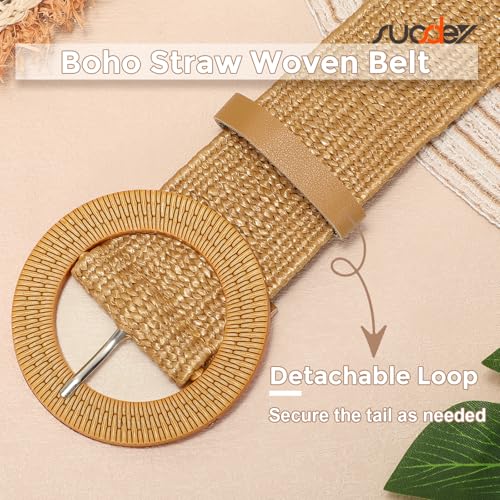 SUOSDEY Straw Woven stretchy Waist Belt for Women Dresses,Wide Boho Braided Elastic Belt with Round Buckle2