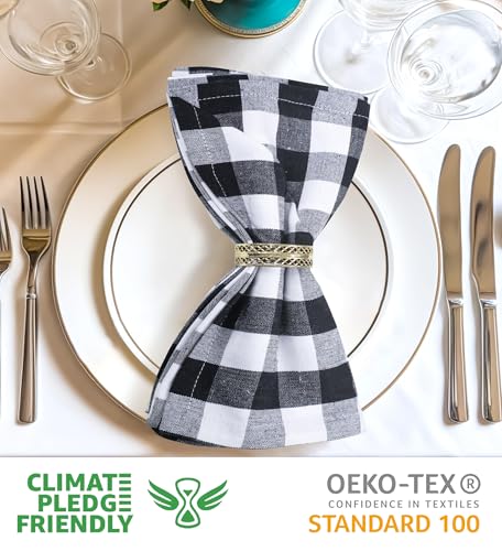 Urban Villa Cloth Napkins 100% Cotton Dinner Napkins Highly Absorbent 20x20 Inches (Set of 12) Black White Buffalo Checks Reusable Washable Soft Durable Premium Napkins Ideal for Home Wedding Parties - Thumbnail 3