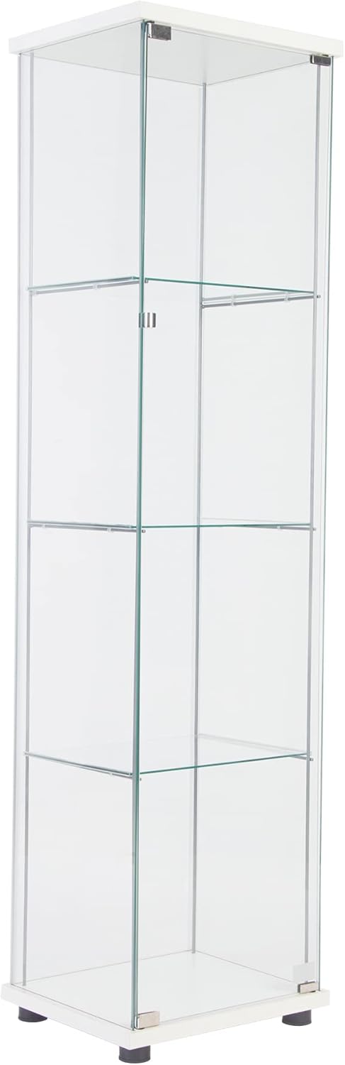 One Door Glass Cabinet Glass Display Cabinet with 4 Shelves, White
