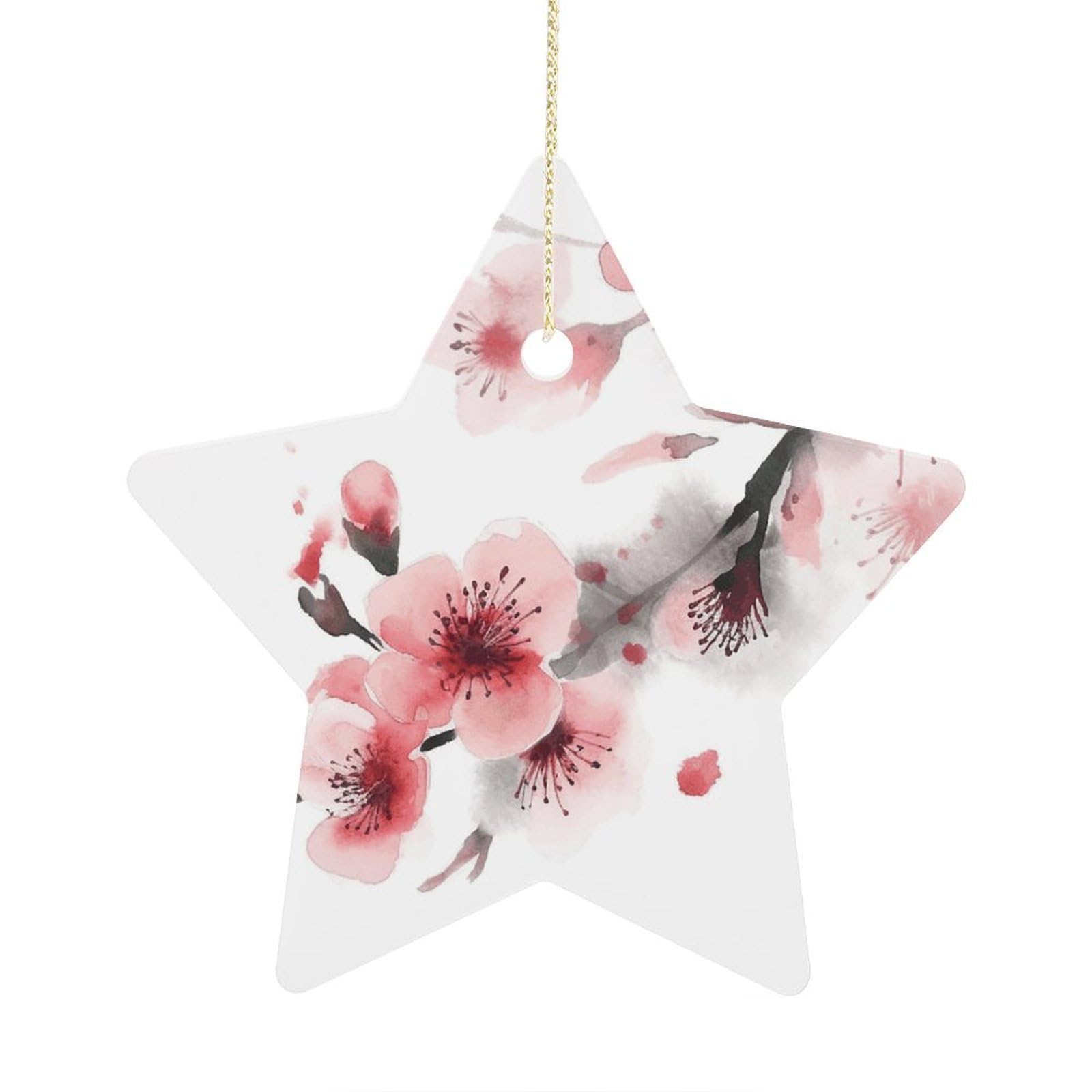 Asian Watercolor Pink Cherry Florals Stars Ornaments Ceramic Christmas Tree Hanging Light in Weight Christmas Star Pendants Funny Double-Sided Printed Xmas Ornaments for Gifts
