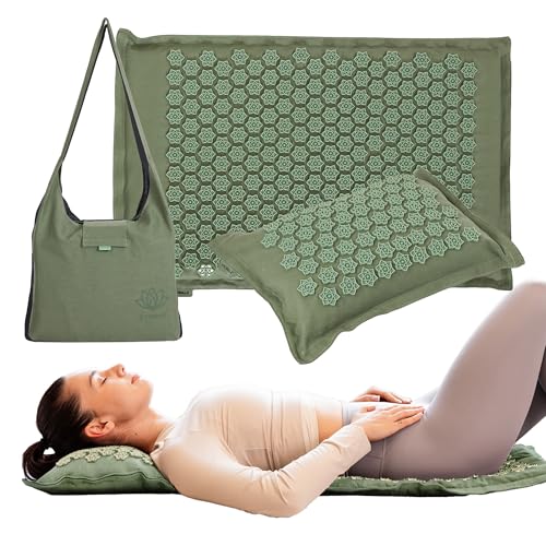 TREXO Eco - Esterilla de acupresión ecológica con cojín de 40 x 30 cm en verde con tamaño de la alfombrilla 68 x 44 x 2 cm, de lino y PVC, para reducir la tensión, favorece el sueño