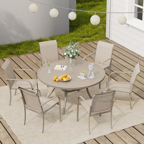 Image of VICLLAX 47.2 inch Round Patio Table, Outdoor Dining Table for 6 with Umbrella Hole for Garden Lawn Deck Backyard, Sandshell
