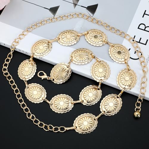 2 Pack Western Metal Concho Chain Belt for Women Girls Cowgirl Boho Waist Chain Country Concert Outfit for Dress (Gold+ Silver)3