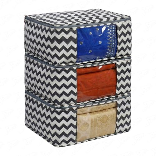 Image of Lukzer Non-Woven Zigzag Printed Saree Covers for Storage with Transparent Window & Zip - Large Set of 03 | Cloth Storage /Wardrobe Organizer for Woman Clothes /Lehengas /Dresses 45x33x20CM - (LSC-02-03)