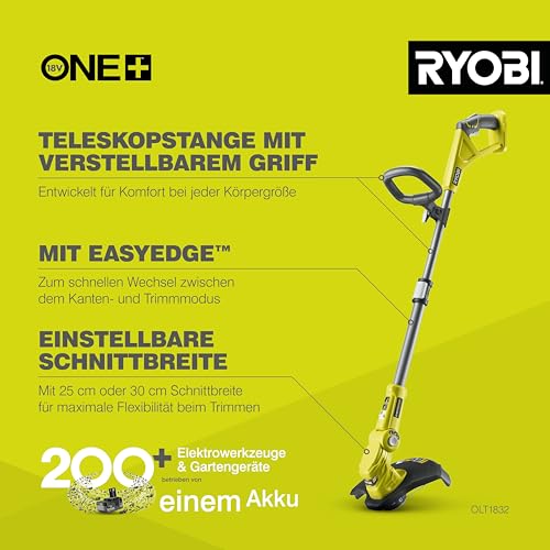 RYOBI 18 V ONE+ akumulatorski trimer za travu OLT1832 (širina rezanja 25-30 cm, 3 puta podešavanje kuta rezanja, linija rezanja 1,6 mm, bez baterije i punjača)