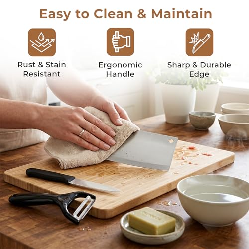 Image of HomeEssentials 3-Piece Professional Kitchen Prep Set - Includes 29.5cm Heavy-Duty Meat Cleaver, 19.5cm Utility Knife, and Ergonomic Peeler - Stainless Steel Blades with Non-Slip Handles