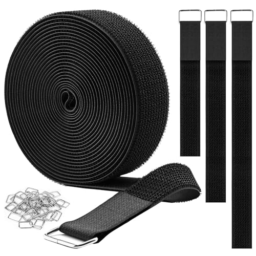 YMCRLUX Klettbänder mit 15 Metallschnallen, verstellbare Befestigungskabelbänder, zuschneidbarer Spanngurt, wiederverwendbarer Nylon-Sicherkordel für Organizer oder Aufbewahrung, 3,8 x 4,8 m, Schwarz