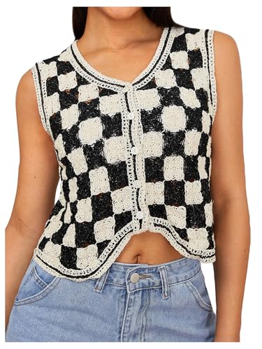 Verdusa Women's Sweater Vest Button Front V Neck Sleeveless Crochet Plaid Checkered Knit Sweater Vest
