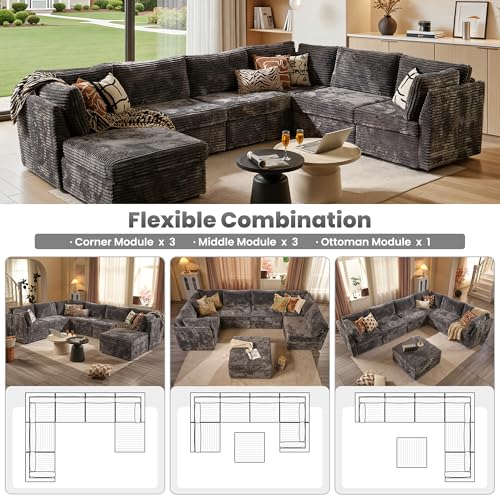 Image of ovios Modular Sectional Sofa Couch with Sofa Bed U-Shape Chaise, Comfy Plush Corduroy Cloud Couches, Modern Luxury Deep Seat Sofas Set for Living Room, 7-Seater, Grey