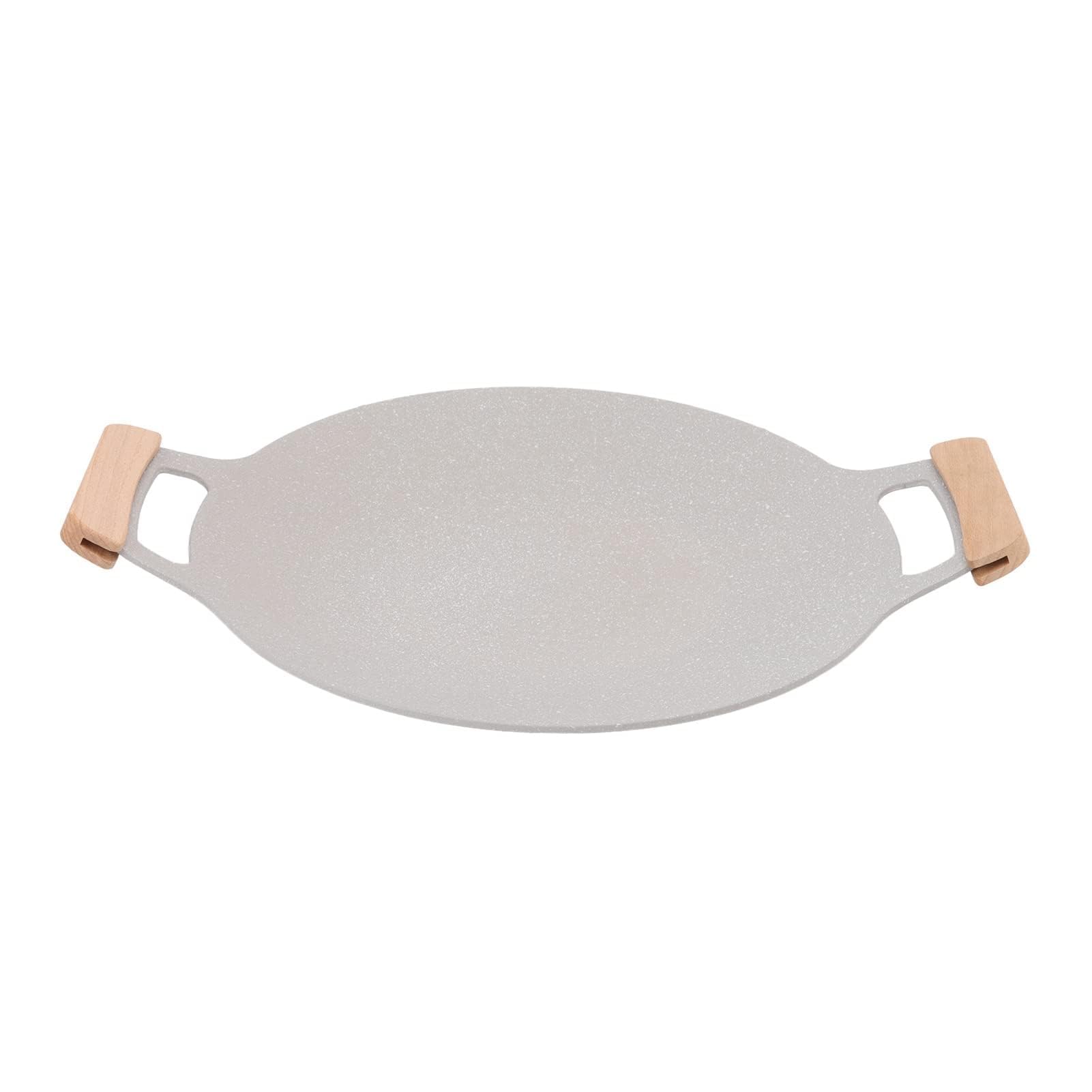 HERCHR Korean BBQ Grill Pan, Nonstick Round Griddle Grill Pan with Wooden Handle for Indoor and Outdoor